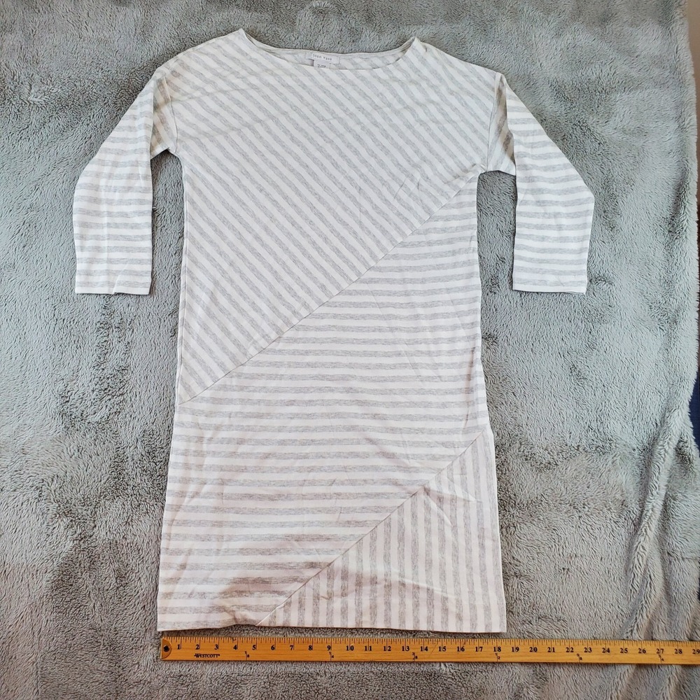 Joan Vass Tunic Womens S/0 Cotton Striped Boat Neck‎ 3/4 Sleeve Grey White Top